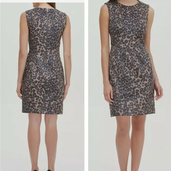 TOMMY HILFIGER LEOPARD FAUX SUEDE SCUBA SHEATH DRESS - Picture 1 of 7
